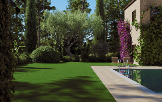 Mediterranean Villa Backyard with Pool and Lush Green Garden