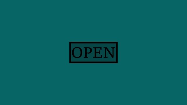 Minimalist open sign animation on teal background, modern business storefront concept, retail opening hours 4k stock video