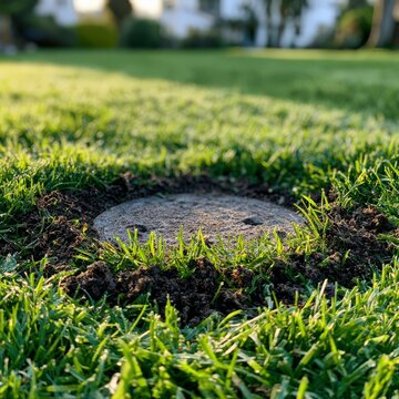 New water meter box lid set in green lawn with fresh soil