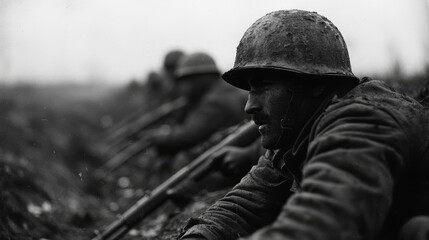 Obraz premium Soldiers in trench warfare during WWI, mud-covered and ready for battle