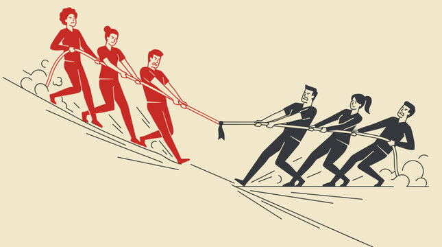 Tug of war concept vector illustration with two teams pulling rope