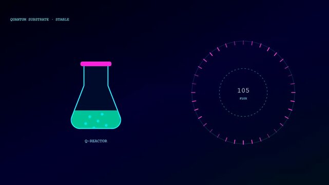 Displaying quantum cryptography interfaces with moving liquid filled glass containers in a dark virtual laboratory setting showing fluctuating numeric metrics within concentric circular light paths