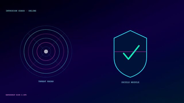 Quantum cryptography dashboard displays show digital shield icons and pulsing radar concentric circles with neon blue and vibrant magenta light cycles on dark virtual user interface panels