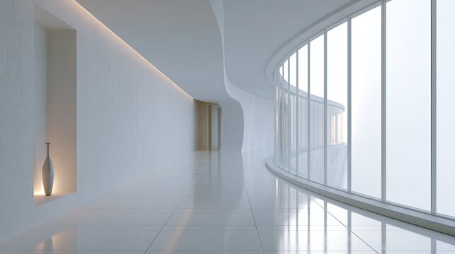 Futuristic white hallway with curved glass wall and minimalist decor