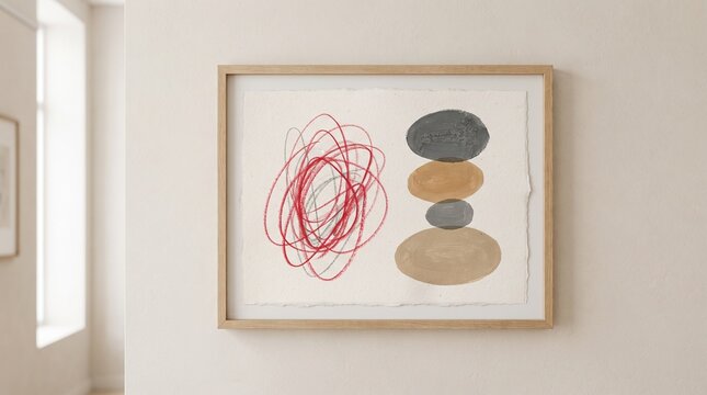 Framed abstract minimalist wall art with red scribbles and stacked pebbles abstract minimalist scribble painting illustration contemporary interior creative composition minimalism artistic