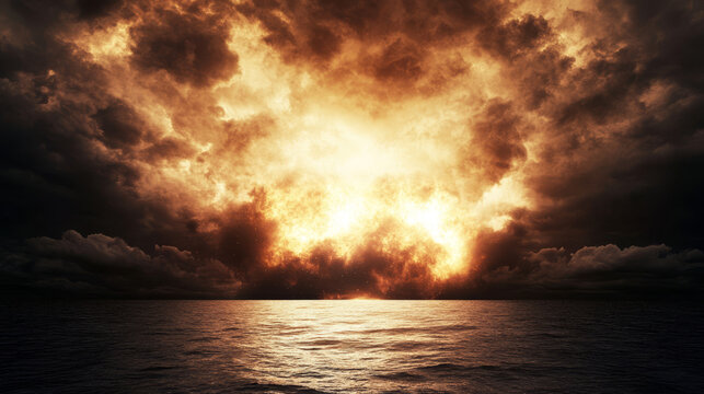 Dramatic fiery clouds over dark ocean horizon at sunset