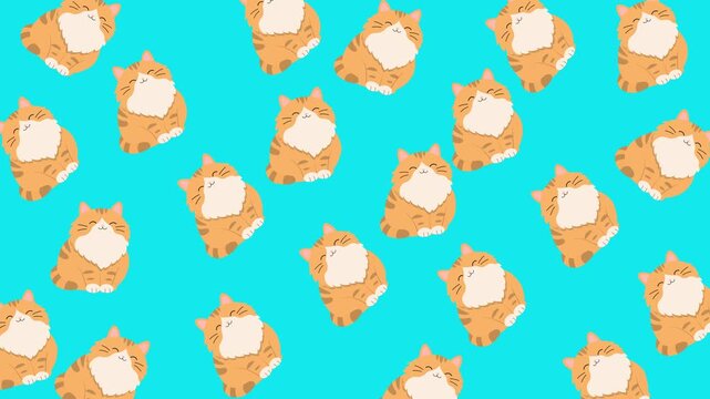 Cute ginger tabby cat seamless pattern illustration on bright cyan blue background