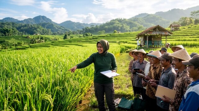 Female agronomist teaching farmers in green rice terraces field