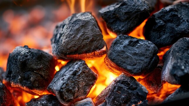 Glowing embers and coals smolder with intense heat and vibrant orange flames