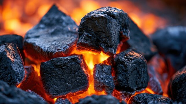 Glowing embers and charred coals radiate intense heat in a fiery close-up