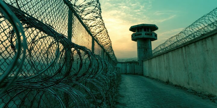 Barbed wire fence and watchtower at a secure facility against a hazy sky