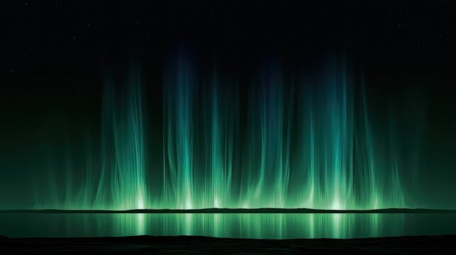 Ethereal green and blue lights dance across a dark sky over still water