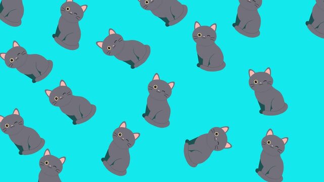 Cute winking gray cats seamless pattern on bright blue background for fabric and wallpaper design