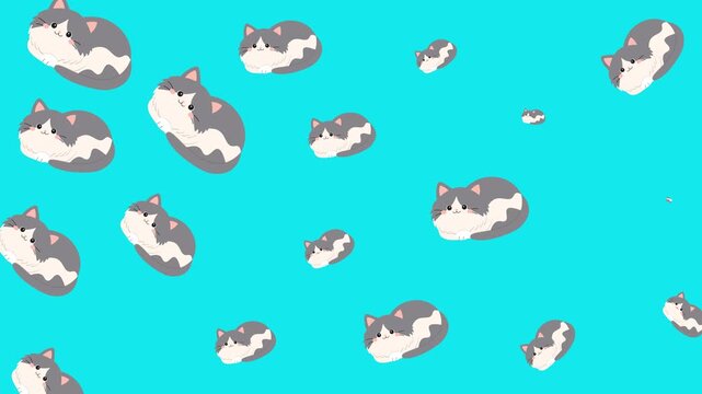 Seamless pattern of cute cartoon cats on vibrant blue background, kawaii feline illustration.