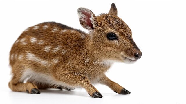 Small spotted mouse deer blinking on a white background