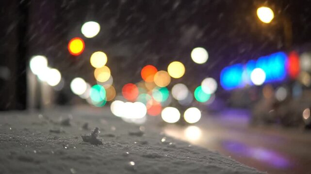 Snowy night cityscape with blurred lights of traffic and streetlights creating dreamy ambiance