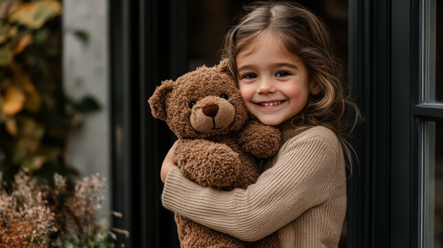 Young girl with a teddy bear, embracing her favorite toy with a joyful smile