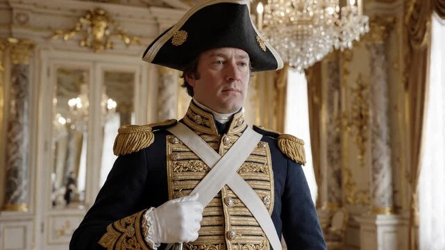 Historical officer in ceremonial uniform in an ornate palace room
