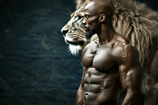 Muscular bearded man standing in profile beside a lion