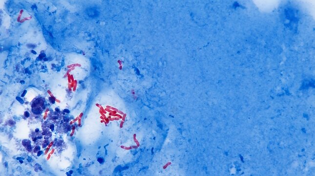 A microscopic view at 100x magnification of an AFB-stained sample revealing Mycobacterium Tuberculosis bacteria (MTB) in a sputum or phlegm smear for a job concept Microscopic 100x of AFB staining