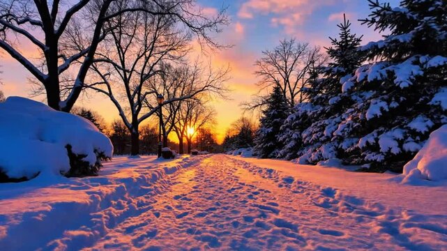 Scenic winter wonderland path covered in fresh snow with warm sunrise lighting and bare trees against vibrant sky