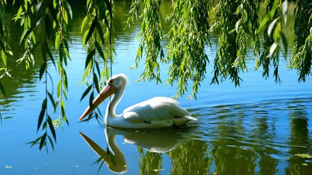 Graceful white pelican floating on a tranquil lake beneath a weeping willow on a sunny day