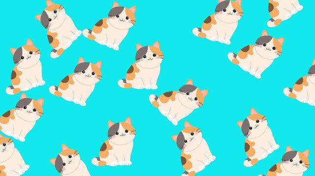 Seamless Pattern of Cute Kawaii Calico Cats Illustration on a Bright Cyan Blue Background