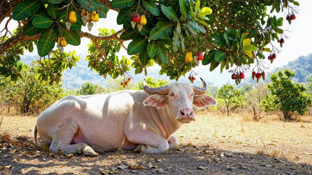 Albino water buffalo resting peacefully under a cashew tree in the countryside on a sunny day