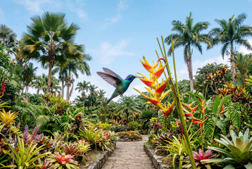 Fototapeta premium Hummingbird flying toward bright tropical flowers in lush botanical garden