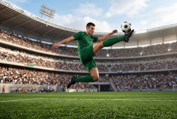 Naklejka premium Male soccer player in green uniform performing high flying kick with ball in large stadium