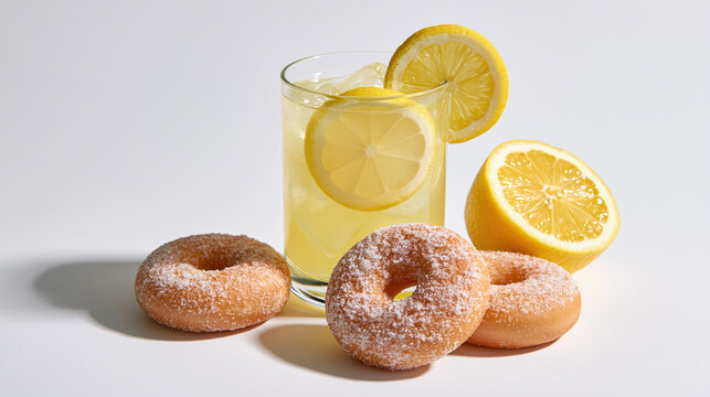 fresh lemonade with mini donuts isolated on clean white background