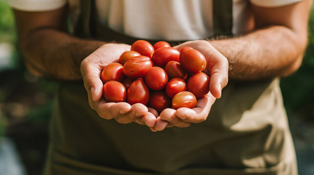 hands holding freshly harvested red plum tomatoes in natural outdoor light