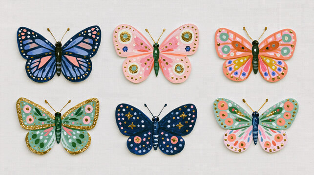 colorful preppy gouache butterflies from different angles on white background