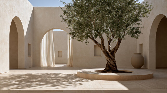 luxury mediterranean courtyard with mature olive tree and ivory limestone architecture