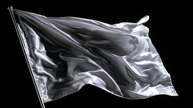 A flowing silver flag ripples against a stark black background