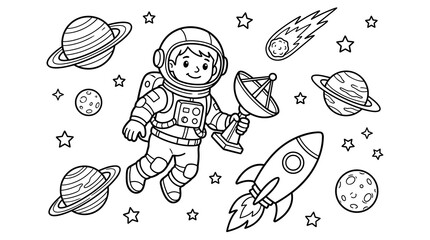 Naklejka premium Friendly Astronaut Floating in Space Holding Satellite Dish, Surrounded by Planets, Rocket, Comet, Moon and Stars, Black and White Outline Vector Illustration for Coloring