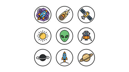Space Icons Set: Rocket, Meteor, Satellite, Sun, Alien, Lander, Planet, Saturn, Black Hole, Flat Design Vector Illustration © Albilais