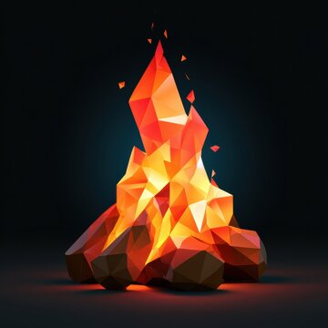 A stylized campfire made of low poly shapes. The flames appear vivid against a dark background.