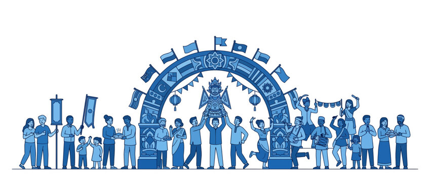 People celebrating a cultural festival with traditional archway