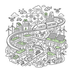 Obraz premium Future City Hand Drawn Illustration with Sustainable Smart Transport