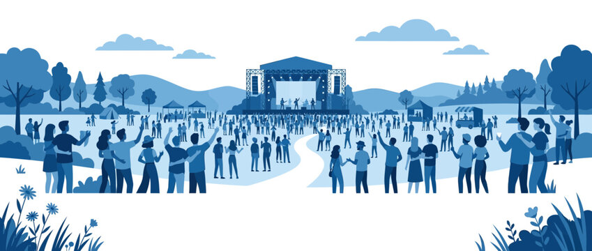 Outdoor music festival concert with cheering crowd on stage