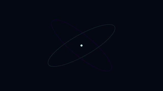 Minimalist atom model animation with rotating orbital rings on dark 4k background, physics science nucleus