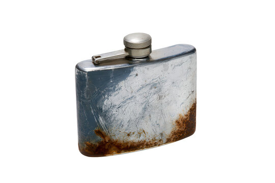 Weathered metal hip flask with rustic patina. Vintage stainless steel liquor container for outdoor adventures and classic styling.
