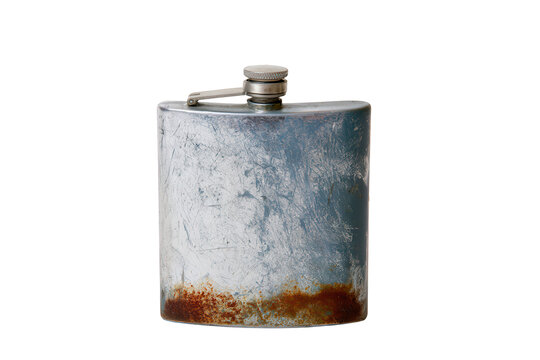Vintage rusted hip flask isolated on white background. Antique silver metal liquor container with aged patina for retro styling.
