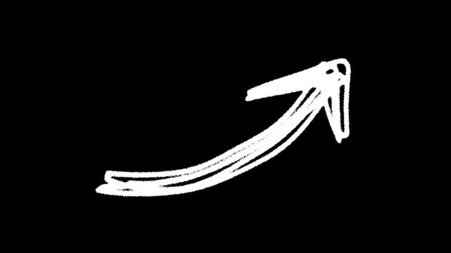 Hand Drawn White Arrow marker Animation on Black Background, scribble curved arrow with alpha channel