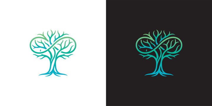 Modern Abstract Infinity Tree Logo Design Representing Eternal Growth and Nature Sustainability in Gradient Blue and Green