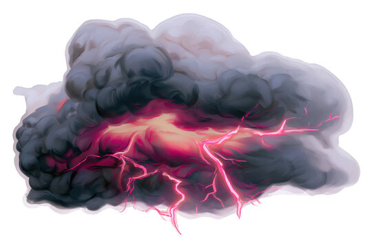 Dramatic storm cloud with lightning strikes and electric bolts. Dark thunderhead releasing vivid purple and pink electrical discharges in isolated...