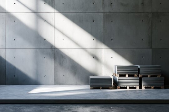 Stark concrete wall with sunlight casting diagonal shadows on stacked materials