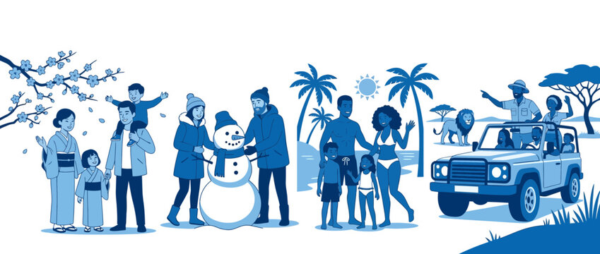 Diverse group of people enjoying different seasonal travel activities