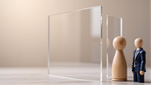 Two wooden figures stand before a transparent barrier, symbolizing separation or division.